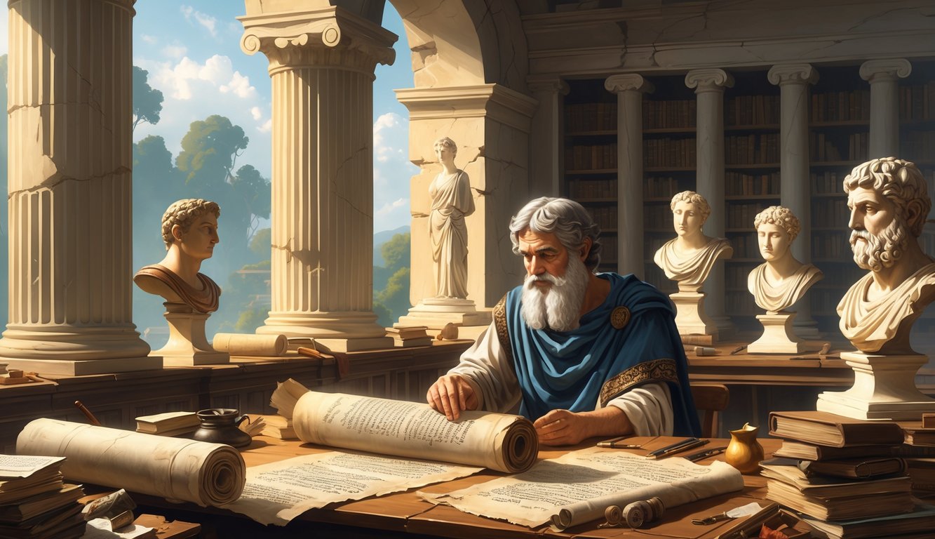 An ancient Greek scholar in a classical library surrounded by scrolls, marble busts of authors, and fragments of statues.