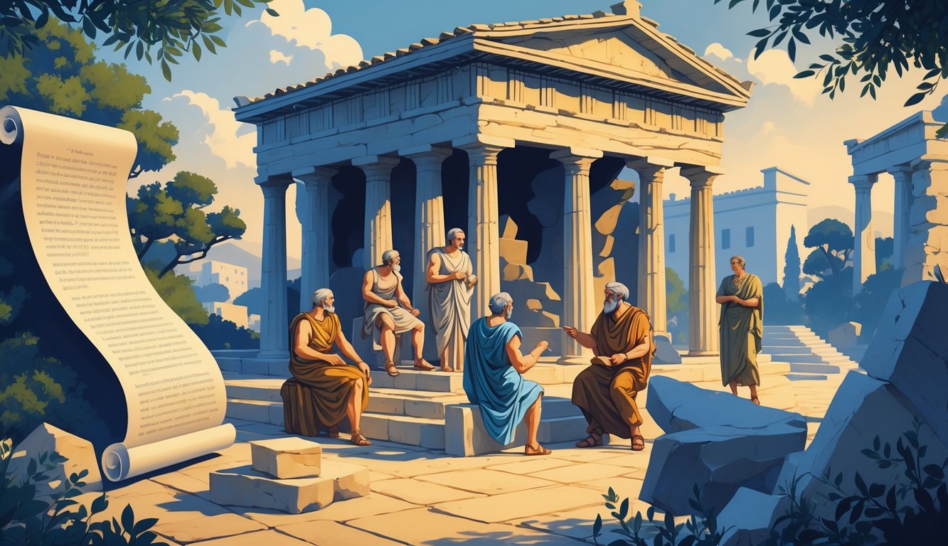 Ancient Greek philosophers discussing ideas in a classical agora with symbolic elements representing philosophical concepts and Greek architecture in the background.