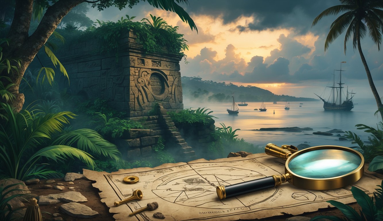 A mysterious ancient stone structure surrounded by tropical plants near a misty coastline with old ships, an old map with markings, and archaeological tools scattered nearby.