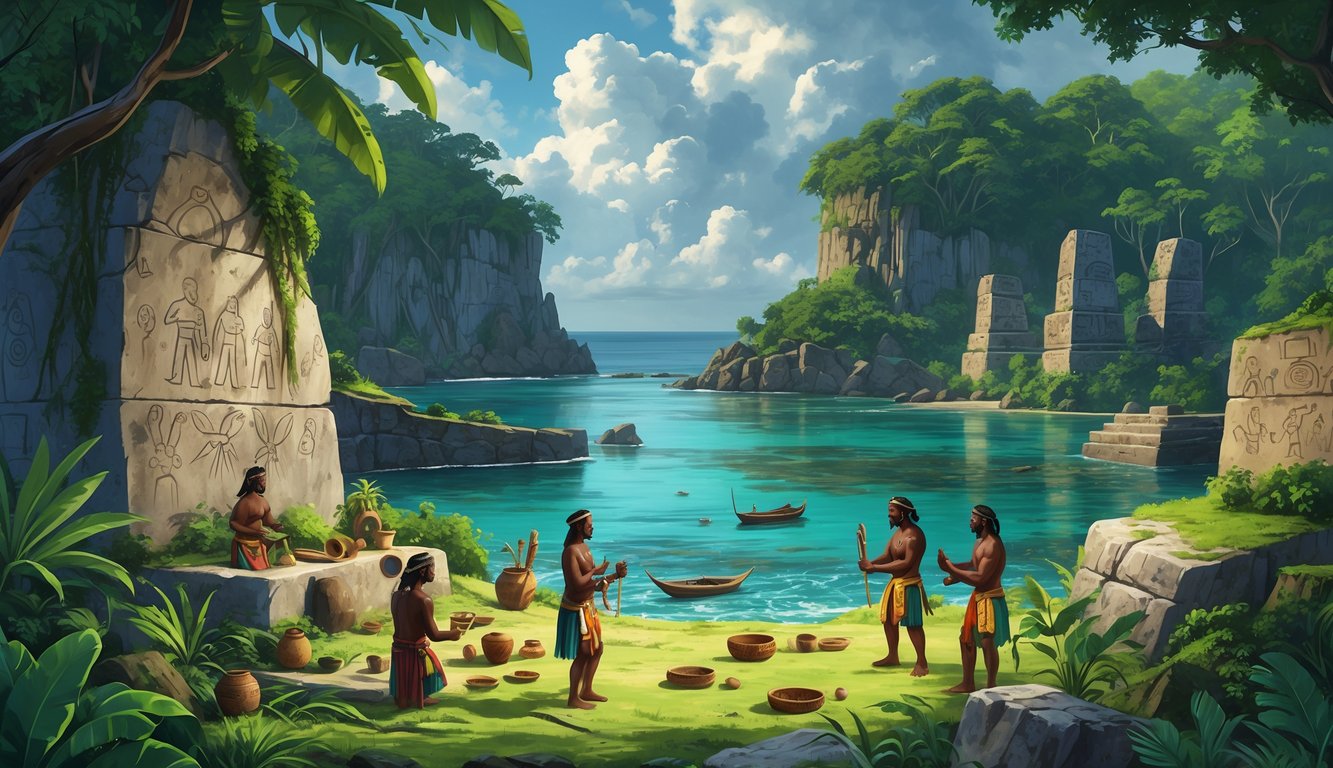 Ancient indigenous people in traditional clothing near stone ruins and petroglyphs in a tropical landscape with a coastline and dense forest.