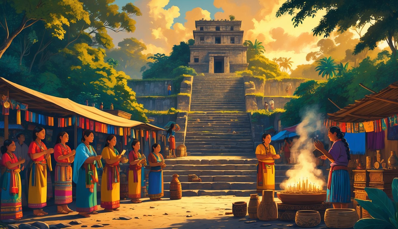 A market scene in Chichicastenango with people in traditional clothing, ancient temple steps, and spiritual rituals involving incense and artifacts.