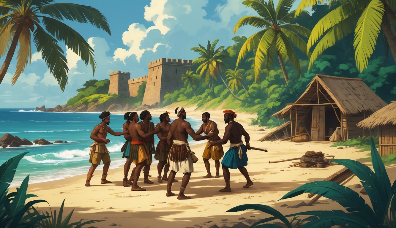 A historical scene showing colonial settlers and indigenous people interacting near a tropical coastline with a fort and huts in the background, surrounded by lush greenery and hints of hidden artifacts.