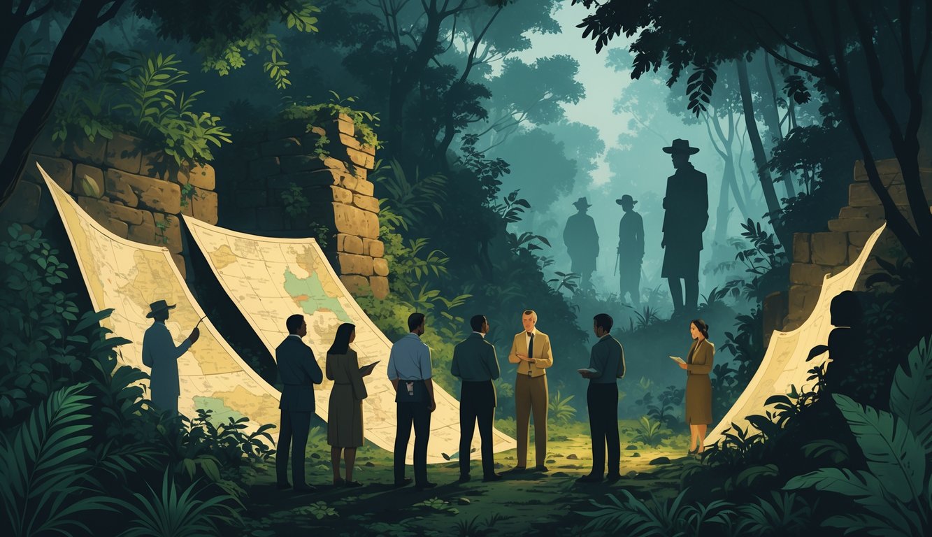A group of historians and archaeologists examining artifacts near ancient ruins hidden in a dense jungle, with faint figures from the past visible in the background.
