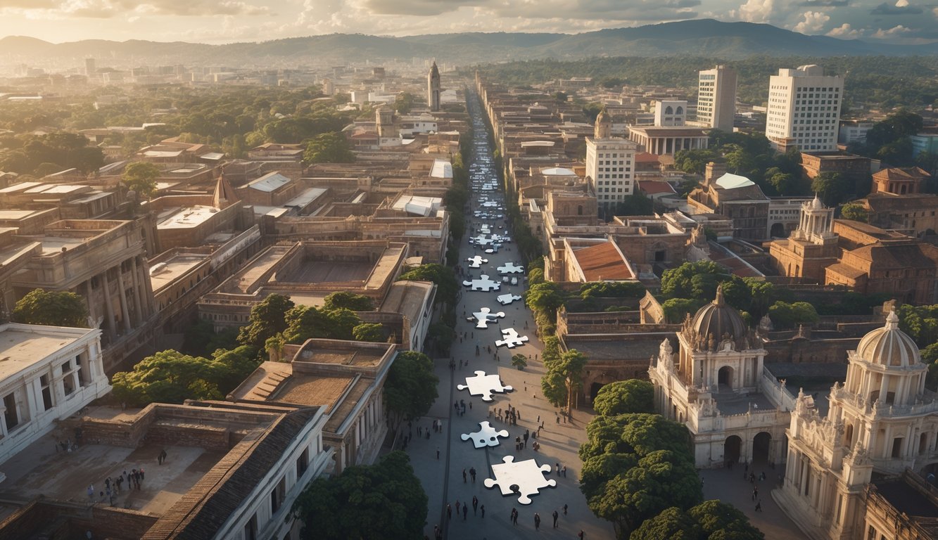A detailed aerial view of Guatemala City showing a mix of old and modern buildings with puzzle pieces floating above the city, representing historical mysteries and population complexity.