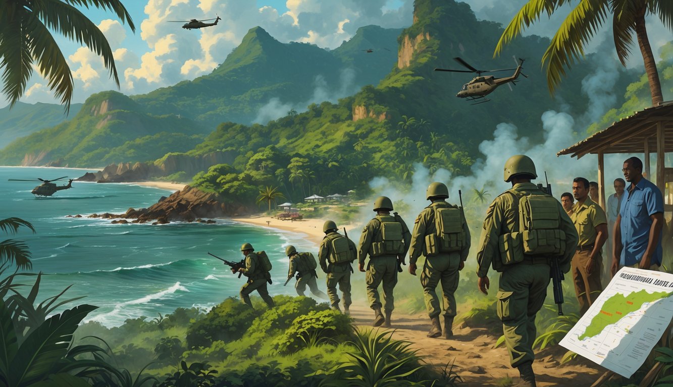Soldiers advancing through a tropical jungle with helicopters overhead and local people watching, set on a Caribbean island coastline.