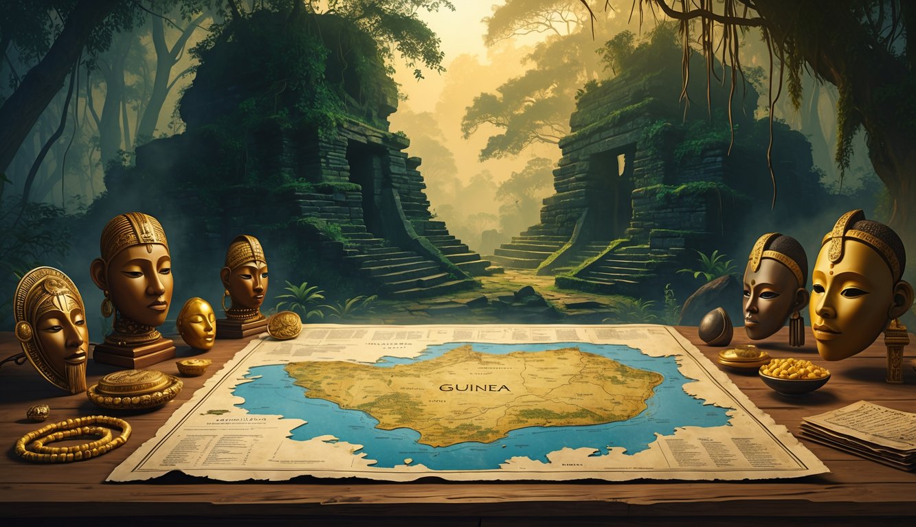 An ancient map of Guinea on a wooden table surrounded by gold jewelry, traditional masks, and old manuscripts, with mysterious ruins visible in a dense forest background.