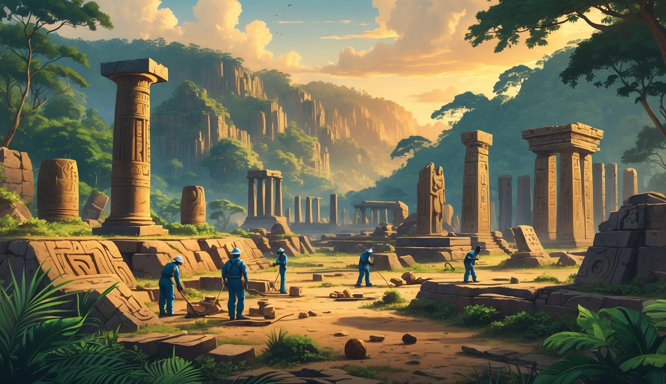 An archaeological site with ancient stone ruins and carvings surrounded by dense tropical forest, with archaeologists excavating artifacts under a sunset sky.