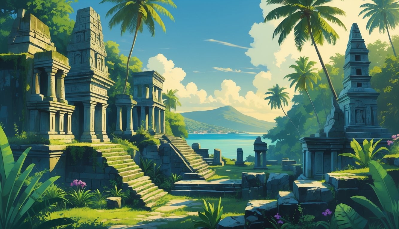 A panoramic view of ancient stone ruins and temples surrounded by tropical vegetation with mountains and sea in the background.