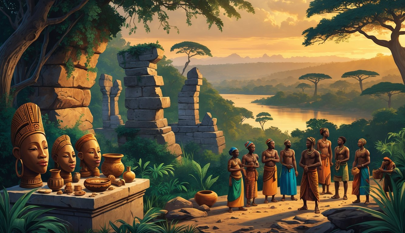 A forest scene with ancient stone ruins, traditional Guinean artifacts, and people in colorful clothing near a river and hills at sunset.