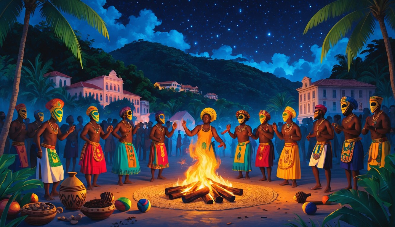 People in traditional Grenadian costumes perform a ritual dance around a fire at night with tropical mountains and historic buildings in the background.