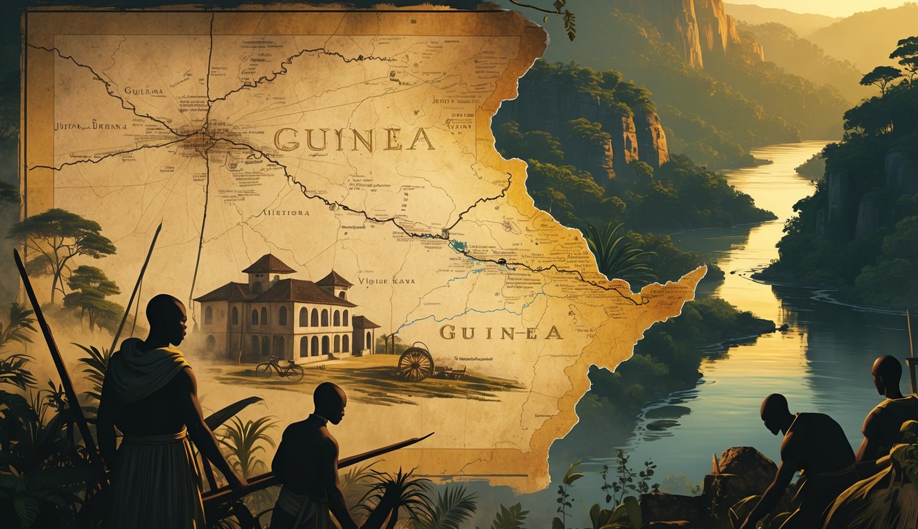 An illustration showing a vintage map of Guinea with colonial buildings, traditional artifacts, and shadowy figures against a backdrop of forests and rivers.