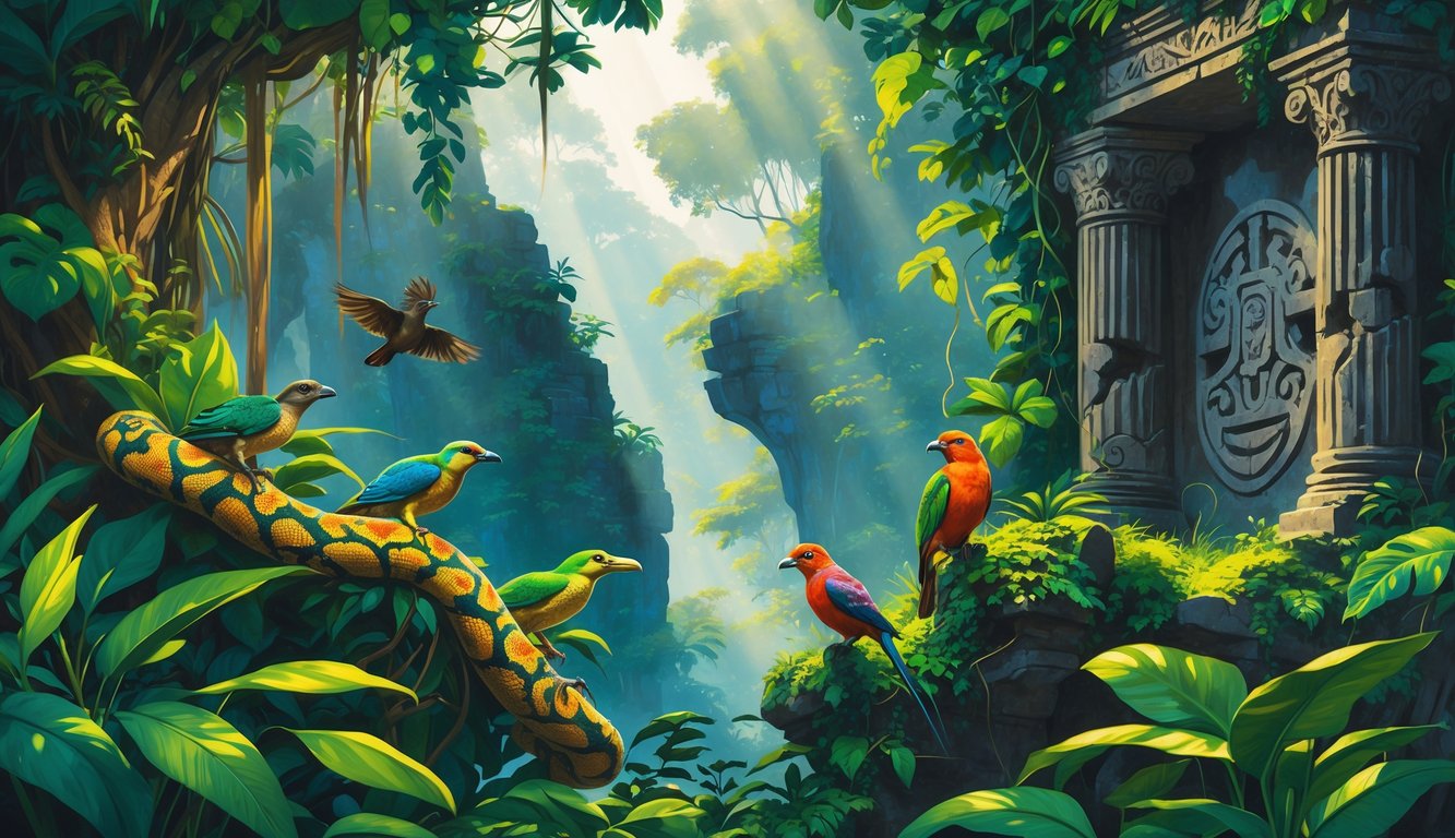 A vibrant rainforest scene in Grenada showing rare animals among dense plants with ancient ruins and mysterious stone carvings in the background.