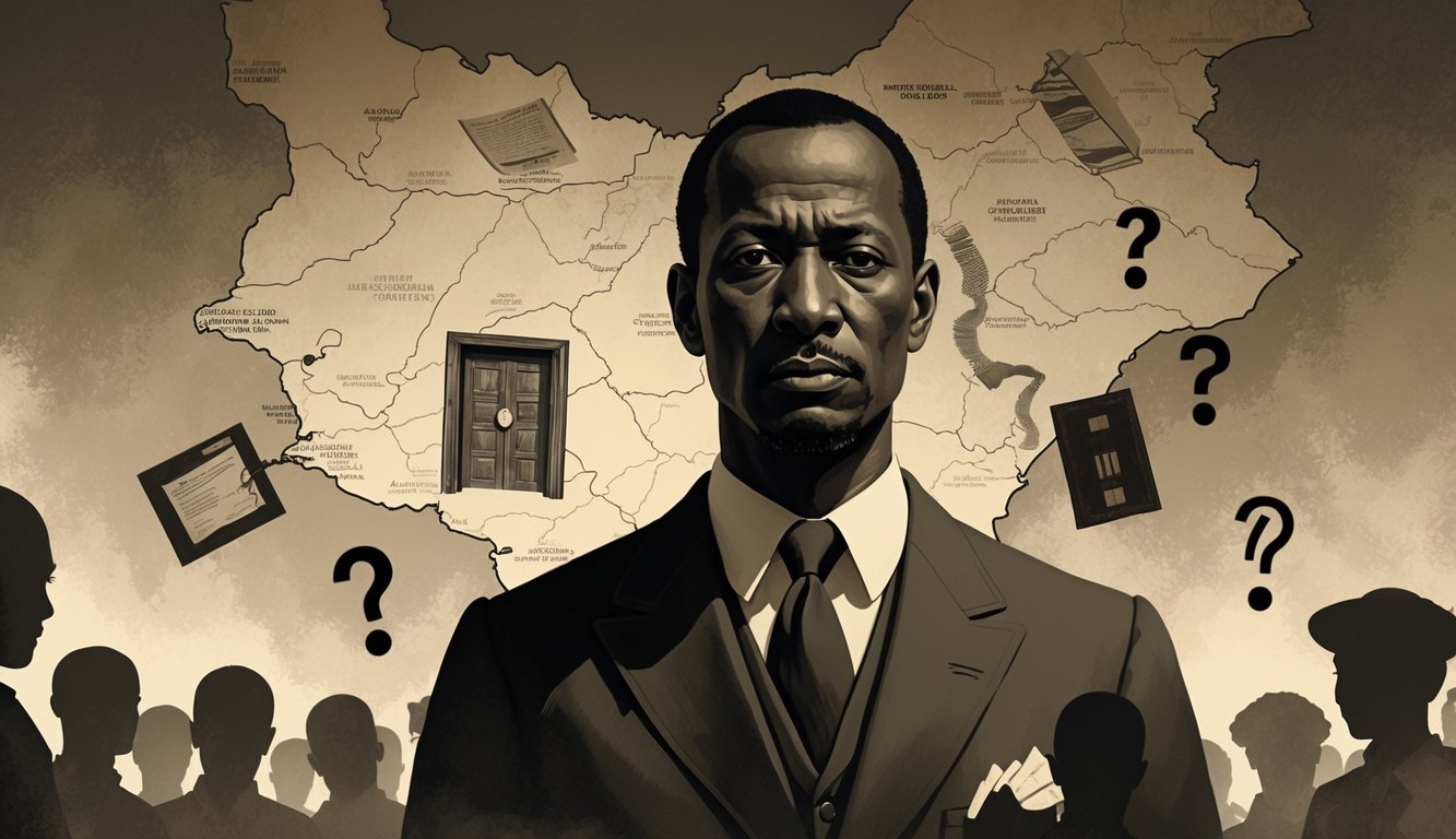 A portrait of Ahmed Sékou Touré with a shadowy map of Guinea behind him and ghostly figures around, symbolizing mystery and uncertainty during his rule.