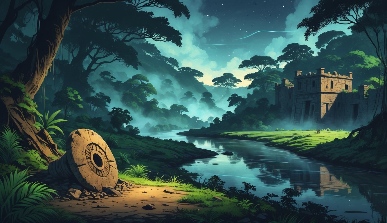 A dense tropical rainforest with an ancient artifact in the soil, a ruined colonial settlement nearby, a dark winding river, and faint mysterious lights in the sky.