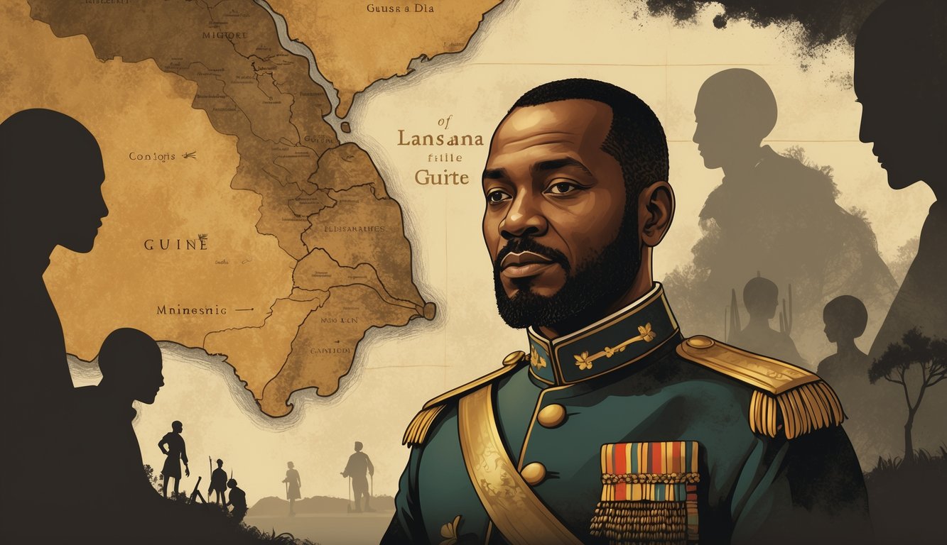 Portrait of Lansana Conté surrounded by symbolic elements representing Guinea's history and mystery.