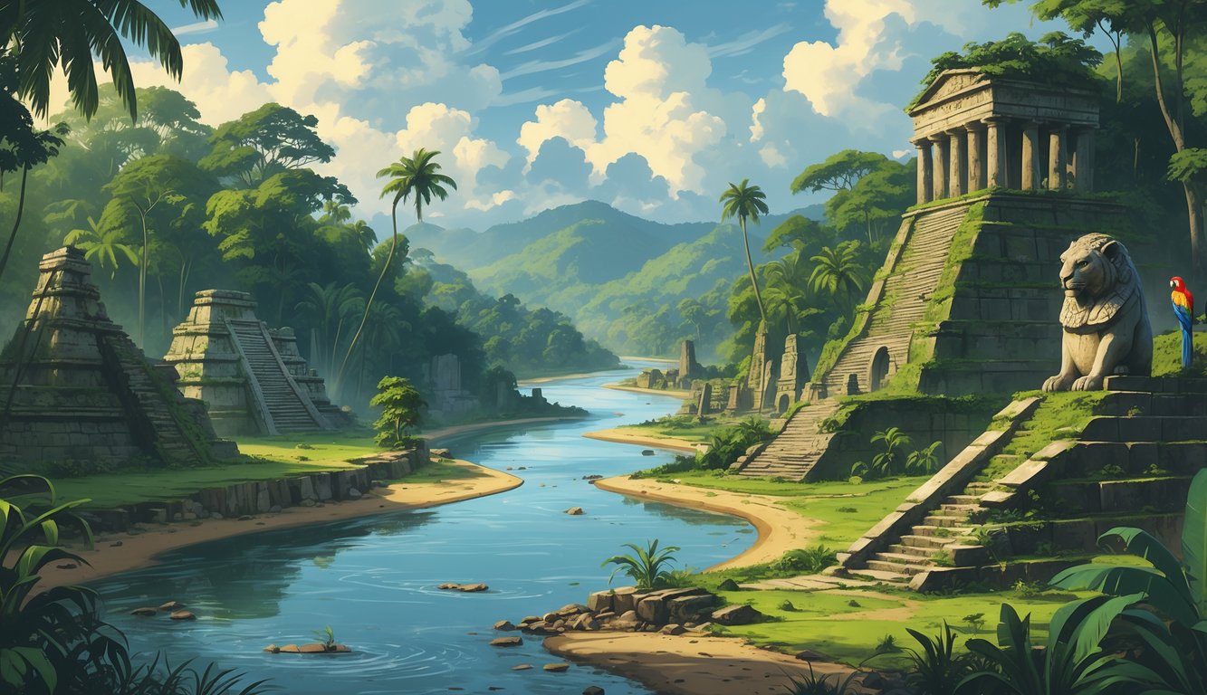 A dense tropical rainforest with wide rivers and ancient stone ruins partially covered by vegetation along the riverbanks, surrounded by wildlife.