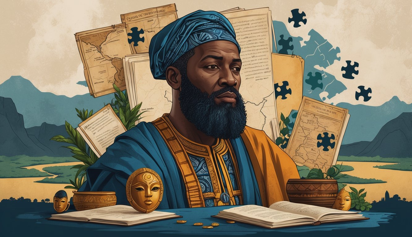 A portrait of Alpha Condé surrounded by symbolic elements like ancient manuscripts, maps, and traditional masks, with a background showing Guinea’s landscape and puzzle pieces representing historical mysteries.