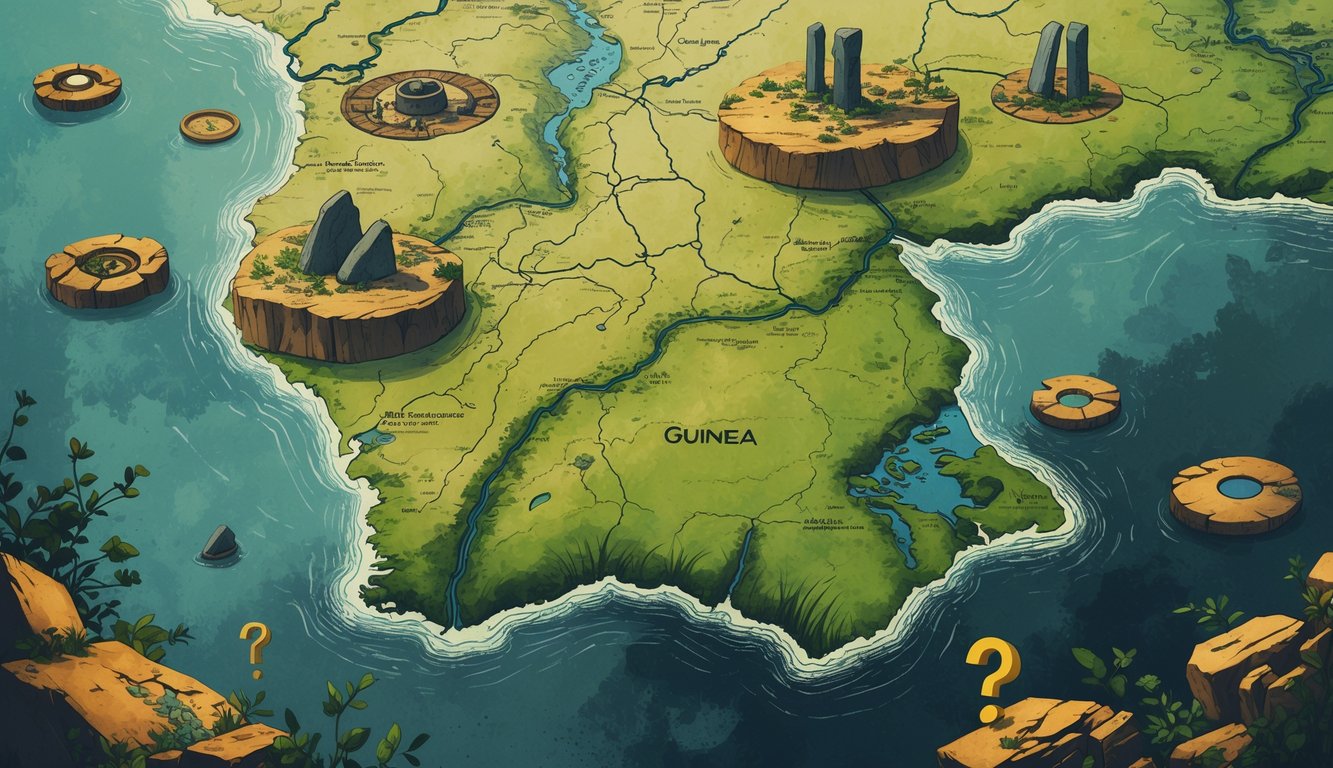 A detailed map of Guinea showing rivers, mountains, and coastlines with symbols of ancient artifacts and ruins scattered across the land, suggesting historical mysteries.