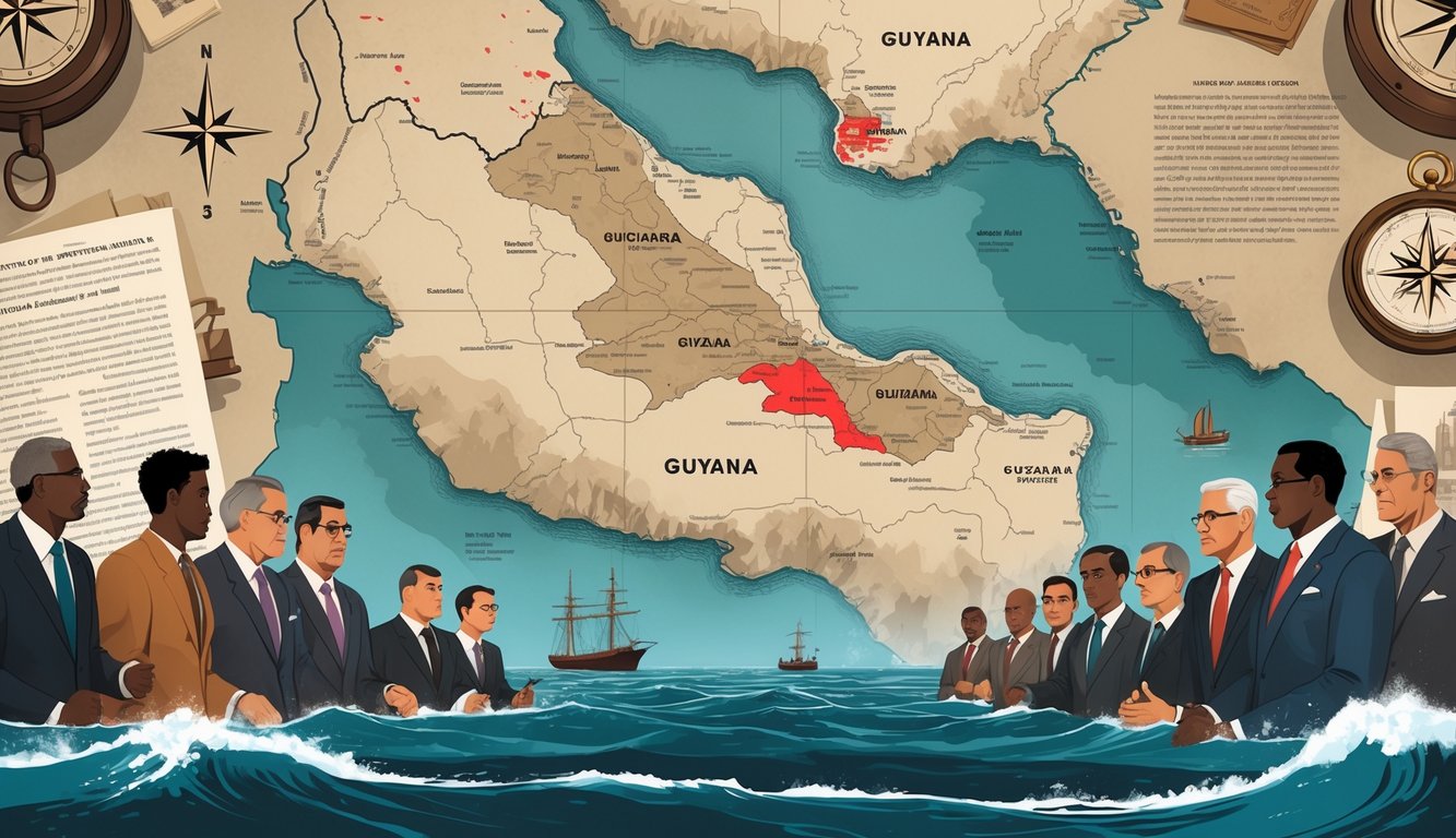 A map of Guyana and surrounding areas showing disputed land and maritime boundaries, with people discussing and symbolic items like compasses and documents around the map.