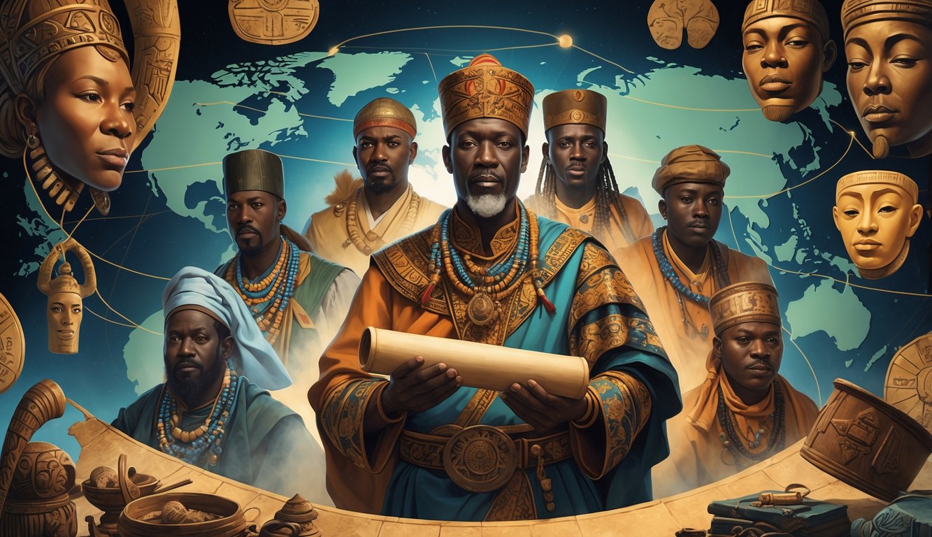 A group of legendary historical figures from Guinea surrounded by symbols of international connections and mysterious artifacts, with a map of Guinea in the background.
