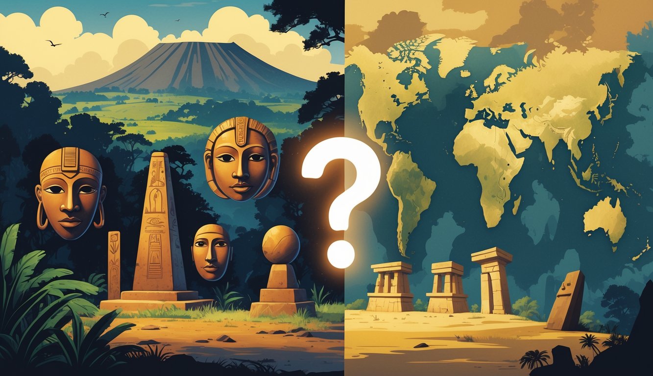 A detailed illustration showing a comparison between historical mysteries in Guinea with traditional artifacts and landscapes on one side, and famous global mysteries like the pyramids and Stonehenge on the other, connected by a glowing question mark in the center.