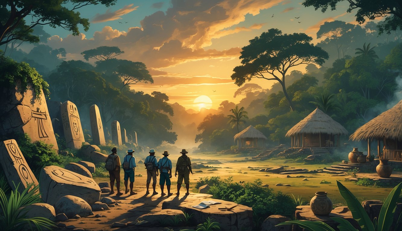 Explorers and local historians examine ancient ruins and artifacts in a dense jungle near a traditional village in Guinea-Bissau at sunset.