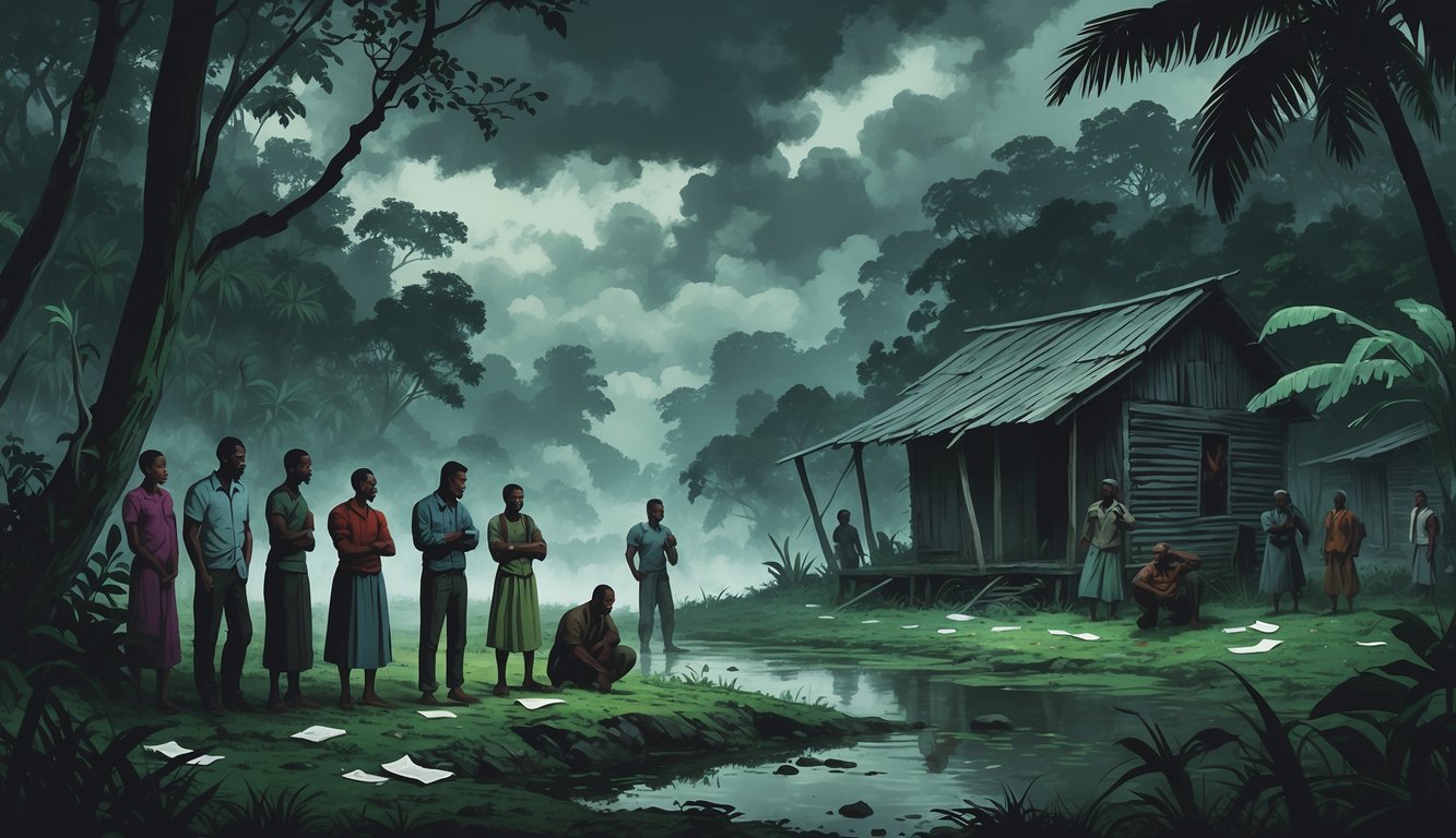 A group of people in a dense jungle near a small wooden settlement, looking confused and sorrowful under a cloudy sky.