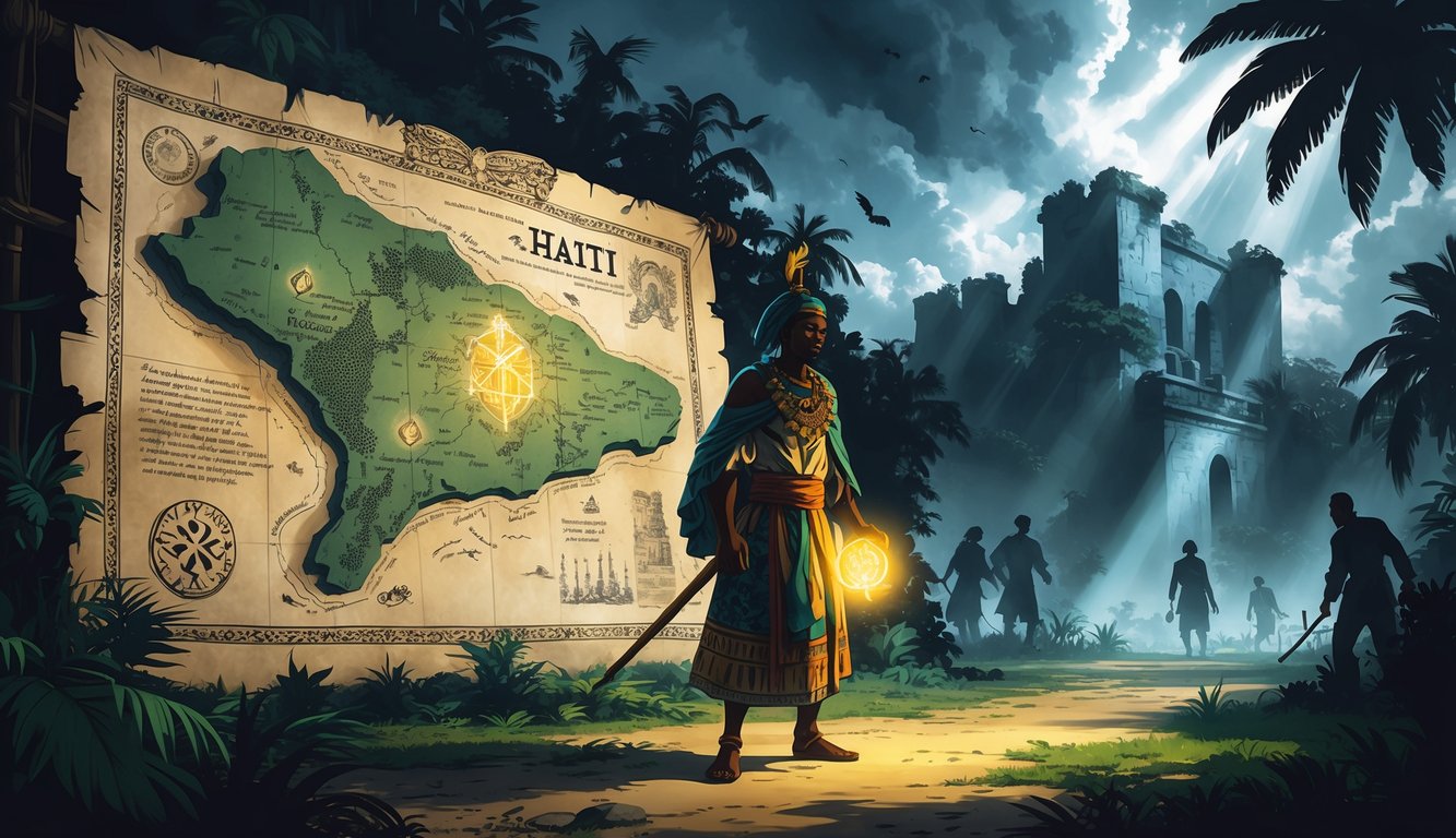 A scene showing a mysterious ancient map of Haiti, a person holding a glowing artifact, shadowy historical figures, jungle ruins, and ghostly shapes under a dramatic sky.