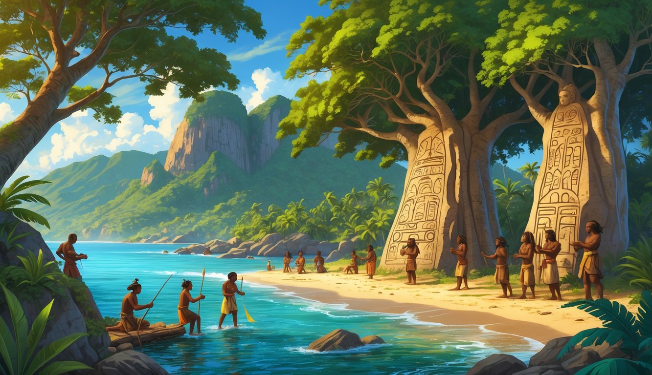 Ancient indigenous people of Haiti performing daily activities and rituals near the coast with tropical mountains and forests in the background.