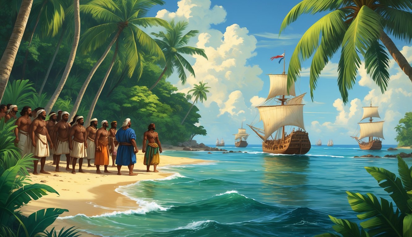 Christopher Columbus and his crew arriving on the shore of Haiti, with indigenous people watching from the trees nearby.