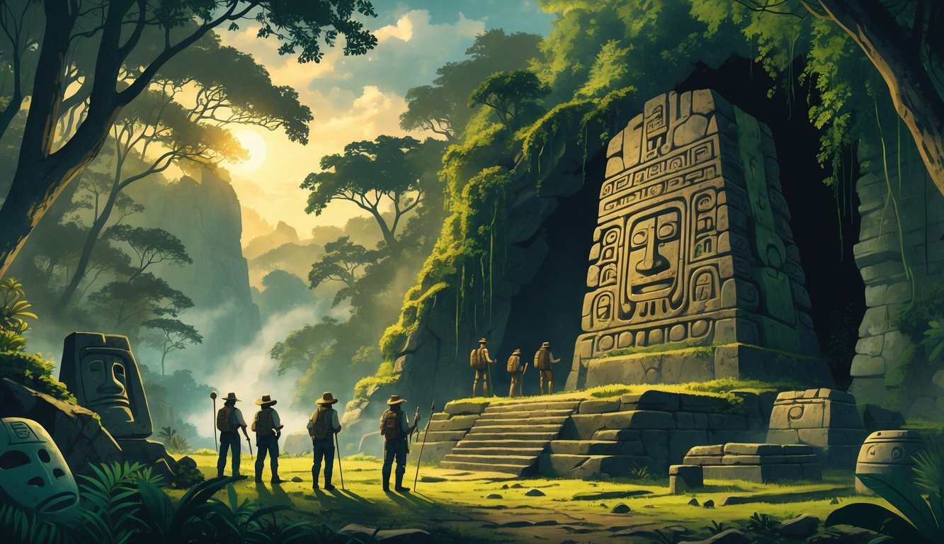 A group of explorers examining ancient Mayan ruins in a dense Honduran jungle with a misty cave entrance and scattered artifacts nearby.