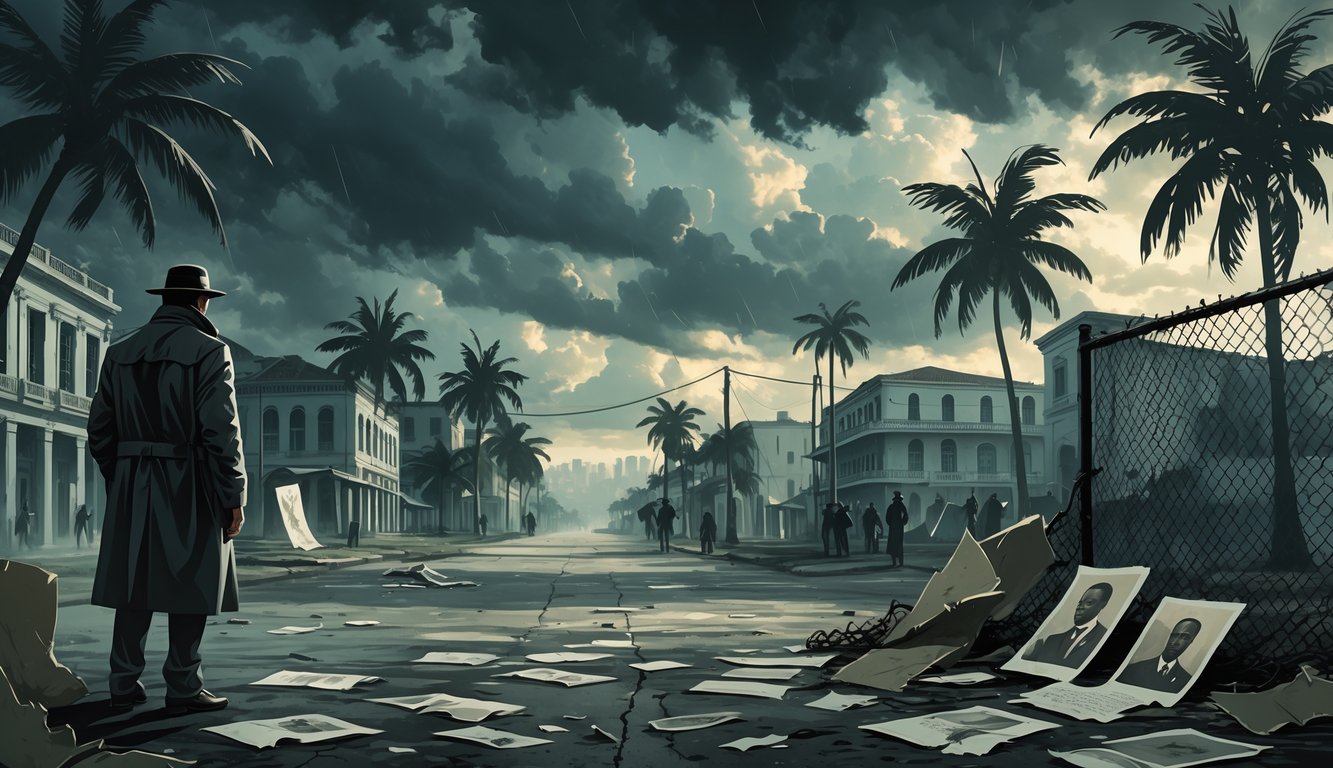 A stormy scene over a historic Haitian city with a shadowy figure near a broken fence, scattered old photos and documents, a cracked Haitian flag, and distant protestors, symbolizing political instability and unsolved crimes.