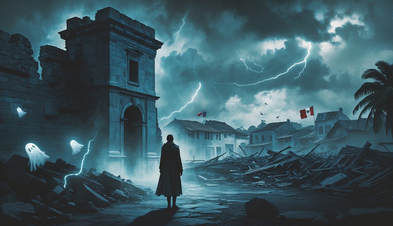 A misty scene showing a shadowy figure near ancient stone ruins, ghostly lights, a stormy sky over a damaged village, and faint cultural symbols representing Haiti's mysteries and tragedies.