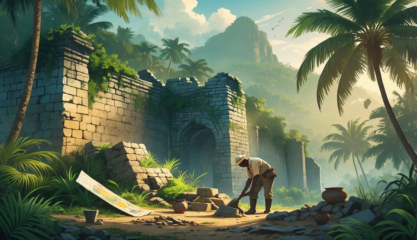 An archaeologist uncovers ancient ruins overgrown with tropical plants in a misty Haitian landscape.