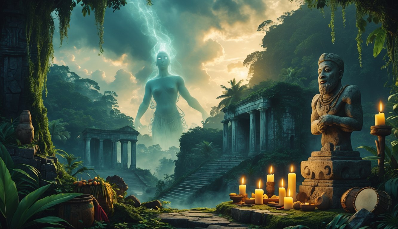 A tropical Haitian landscape with ancient ruins, a stone statue surrounded by ritual objects, and a ghostly figure hovering above, conveying cultural mystery.