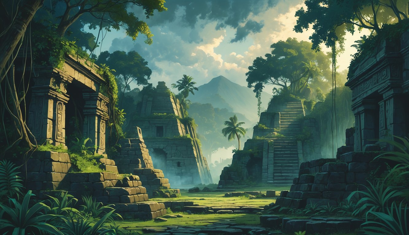 Ancient stone ruins overgrown by jungle plants with mist and distant mountains in the background.