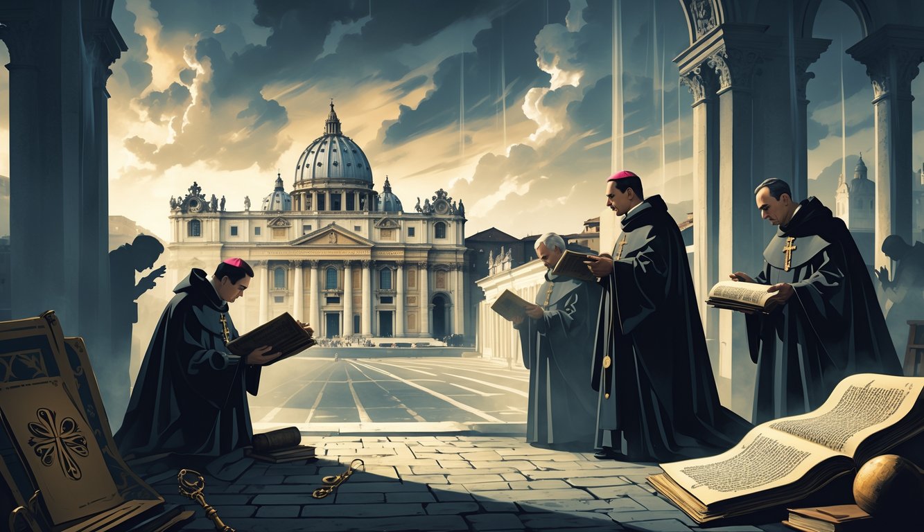 A view of Vatican City with St. Peter's Basilica and shadowy figures holding ancient scrolls, surrounded by symbolic objects like a hidden key and old manuscripts, evoking mystery and secrecy.