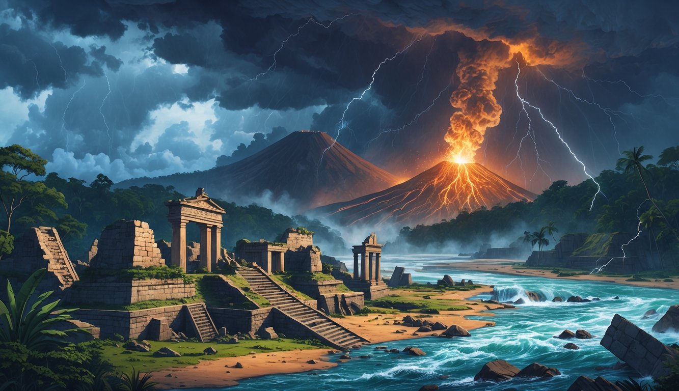 A volcanic eruption near ancient Mayan ruins surrounded by dense forest and a flooded river under stormy skies.