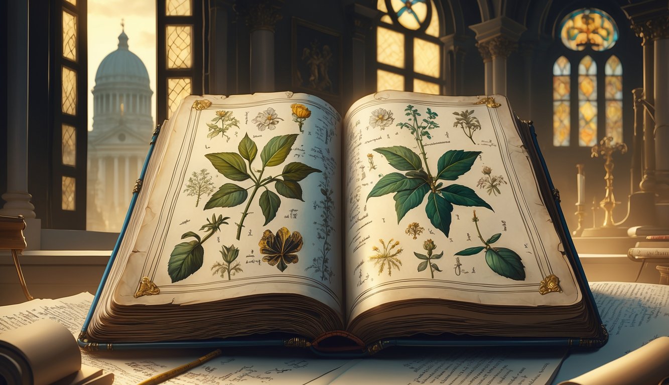 An ancient ornate book with mysterious symbols and botanical drawings open in front of a background showing the dome of St. Peter's Basilica and Vatican architecture.