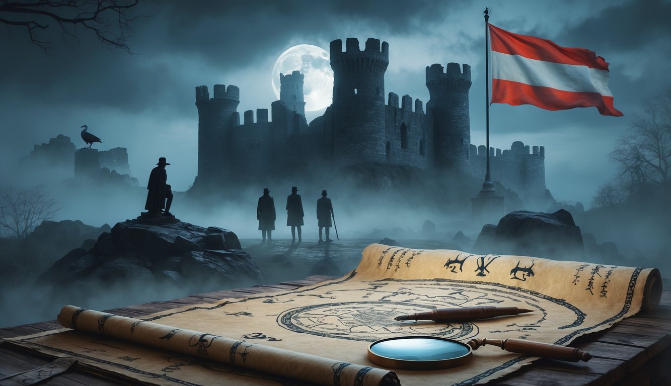 A misty ancient Hungarian castle ruins at twilight with shadowy figures exploring, a map with cryptic symbols on a wooden table, and a rocky outcrop with a bird statue under a cloudy sky.