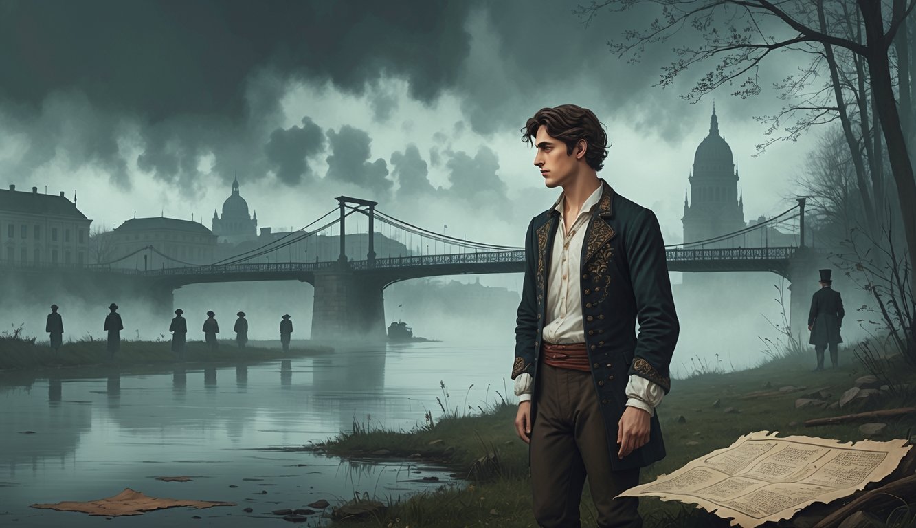 A young man in 19th-century Hungarian clothing stands on a foggy riverbank, looking into the distance with soldiers and historic buildings faintly visible behind him.
