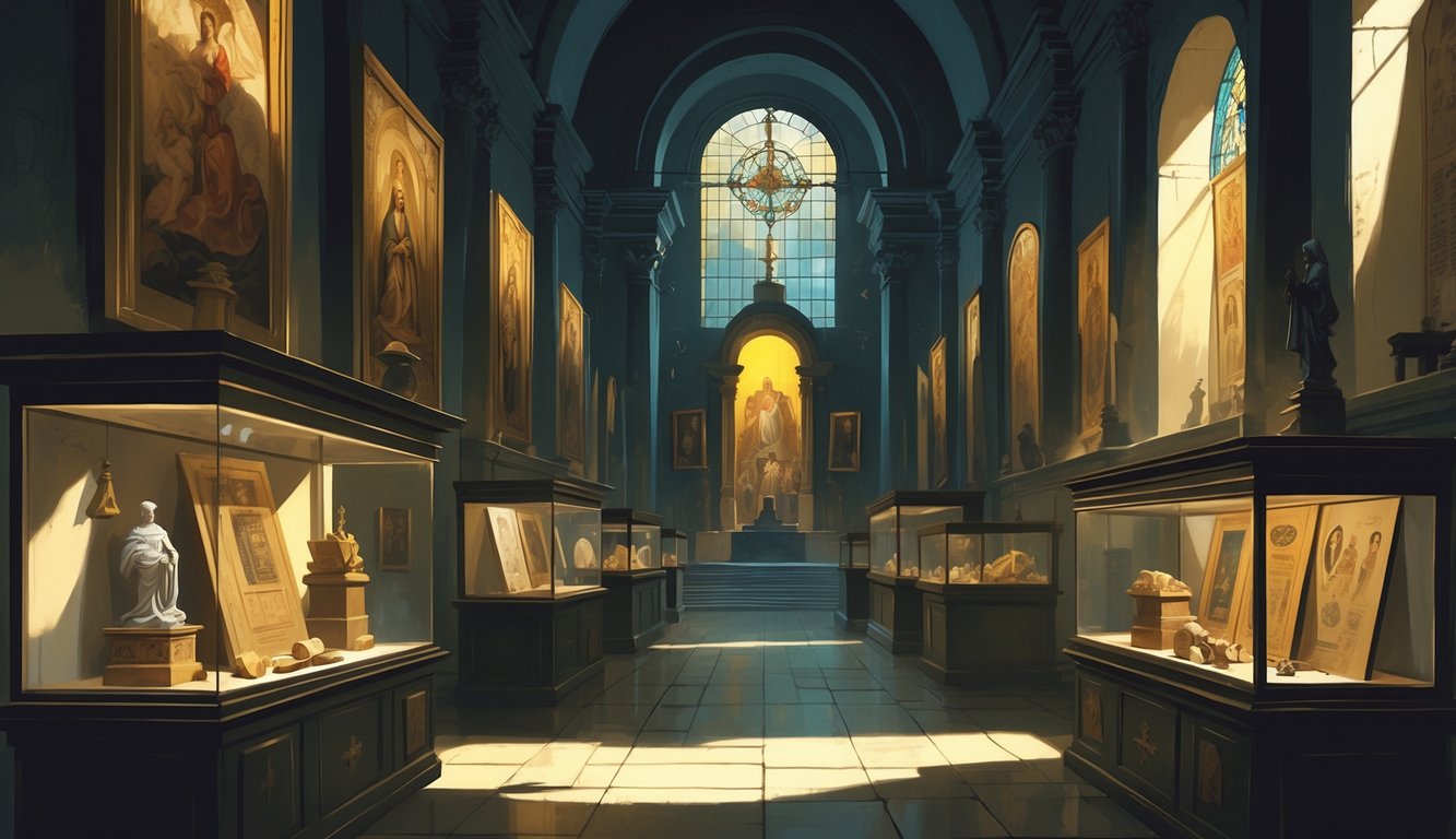 An ancient chamber inside the Vatican filled with religious artifacts, old paintings, and relics, illuminated by soft golden light, evoking a sense of mystery and history.