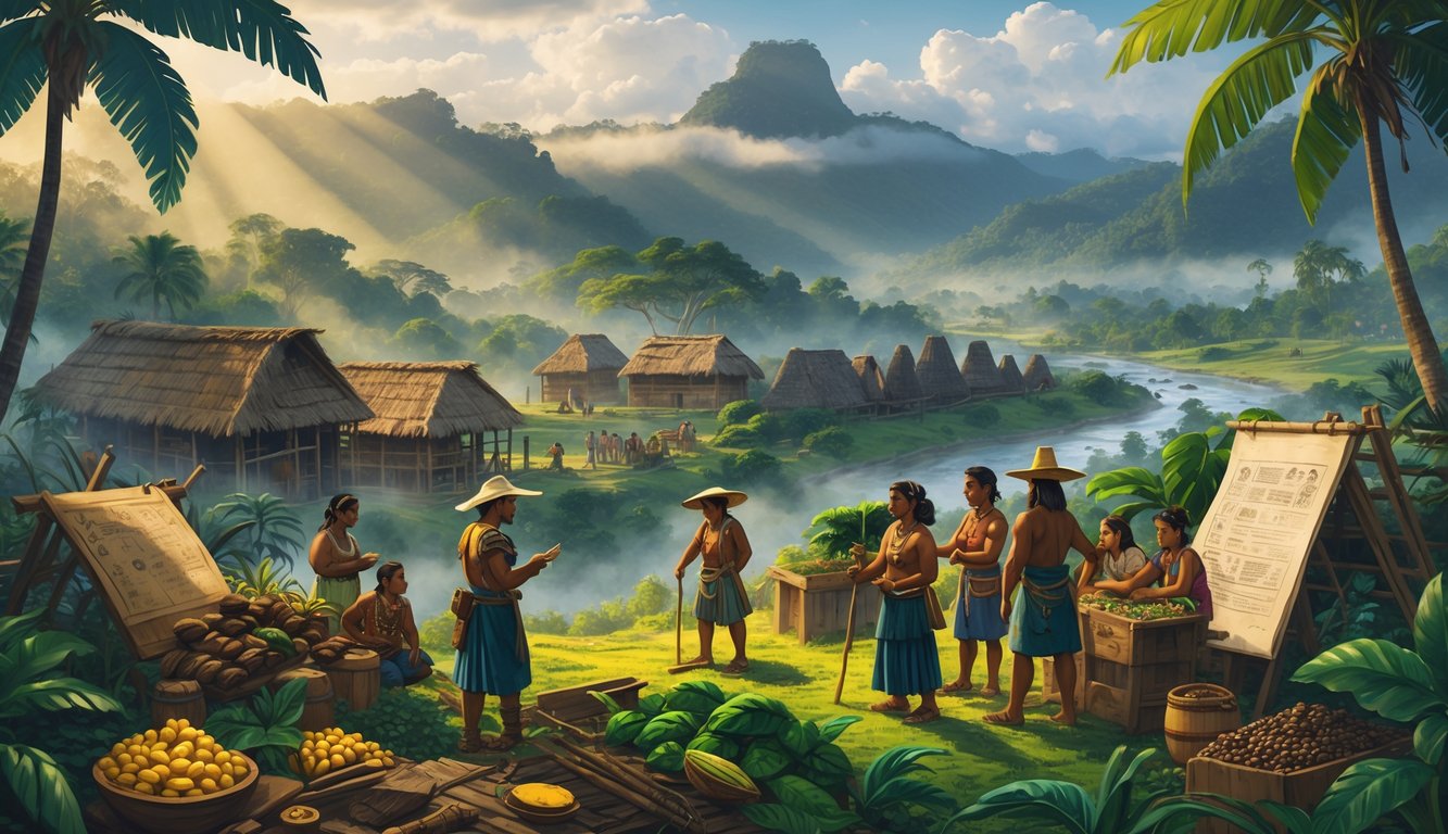 A historical Honduran village with indigenous and colonial buildings, people from different eras engaging in trade and farming, surrounded by jungle, ancient ruins, mountains, and a river.