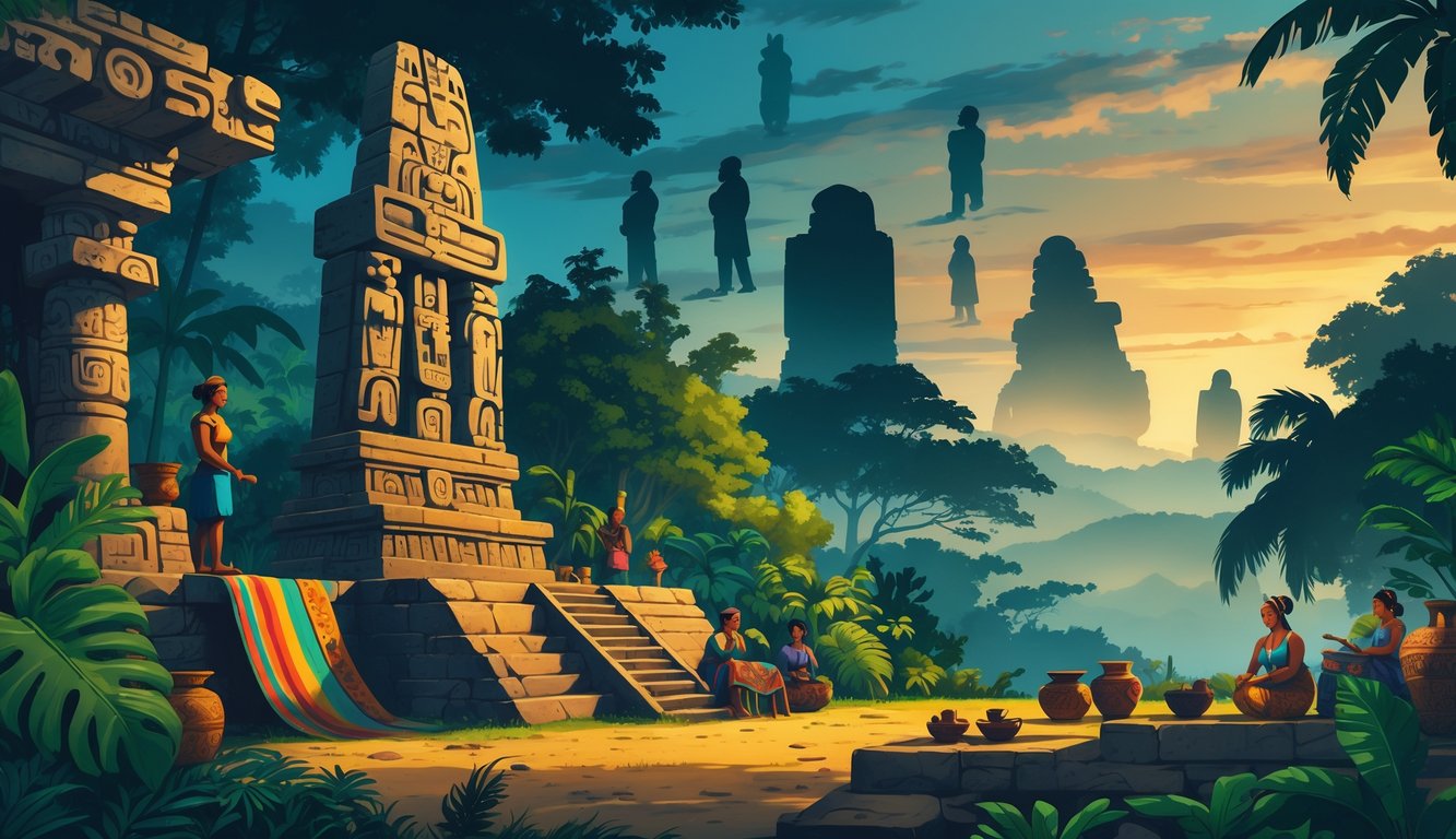 A scene showing ancient Mayan ruins surrounded by jungle, artisans crafting textiles and pottery, and mysterious shadowy symbols in the background under a sky transitioning from dawn to dusk.