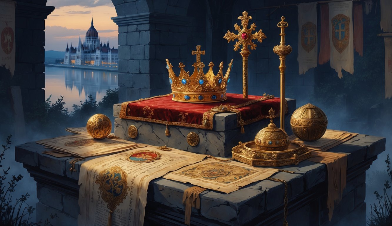 A medieval chamber displaying King Stephen I's golden crown, scepter, and orb on a stone pedestal, with ancient scrolls nearby and the Hungarian Parliament building faintly visible in the background under a twilight sky.