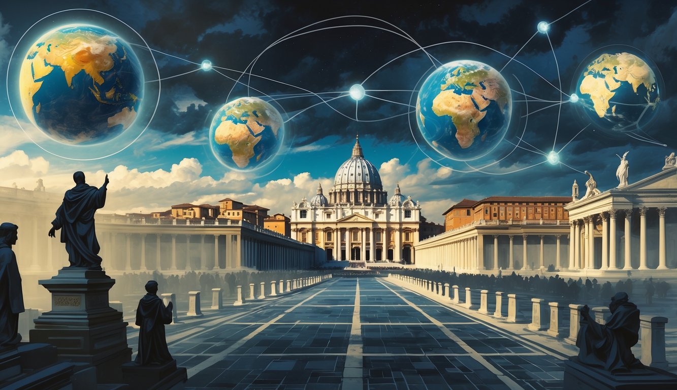 A detailed scene showing St. Peter's Basilica in Vatican City surrounded by glowing globes and mysterious ancient symbols connected by lines, representing global historical mysteries linked to the Holy See.