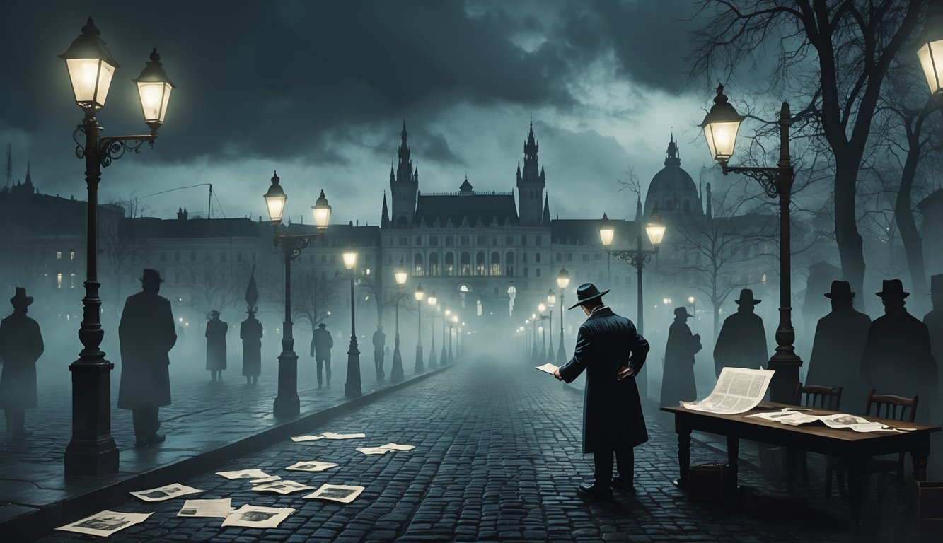 A detective examines clues on a table in a foggy street with old Hungarian buildings and ghostly figures in the background.