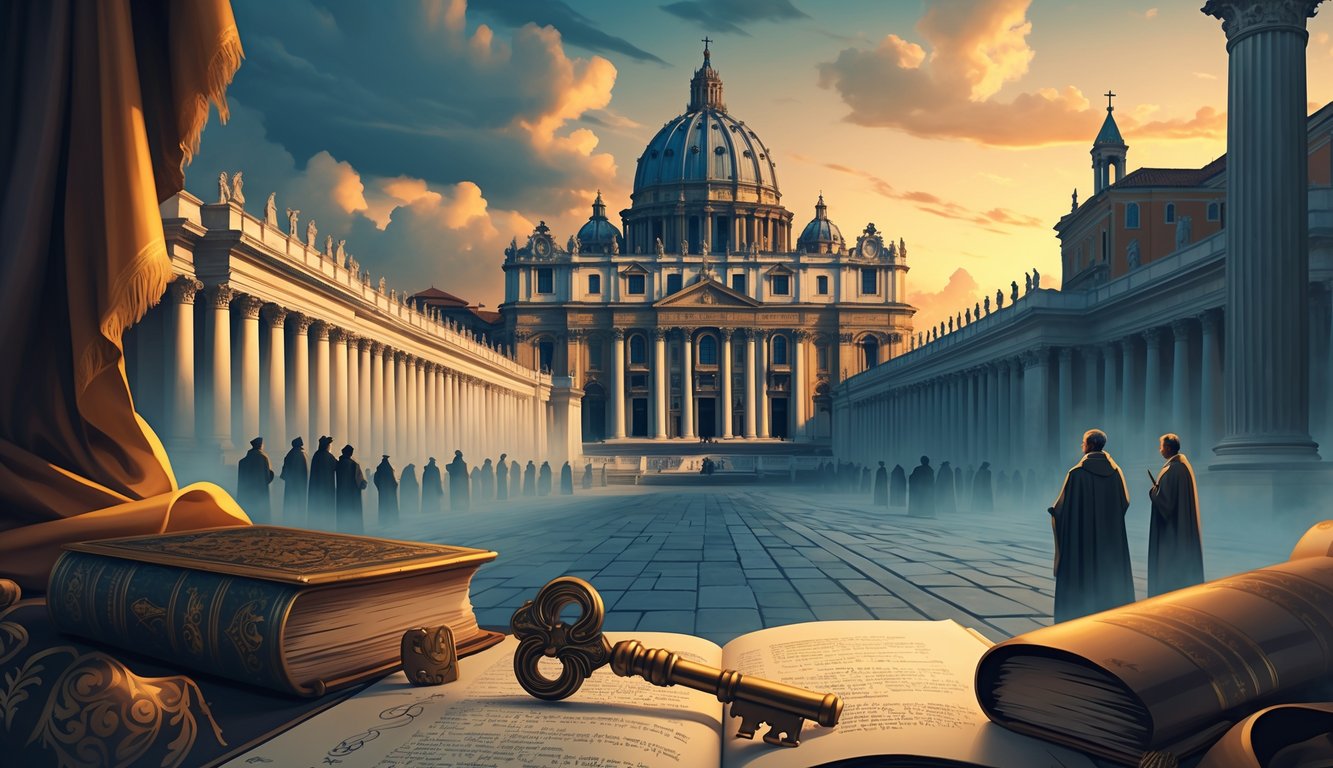The Vatican at dusk with St. Peter's Basilica, surrounded by ancient scrolls, an antique key, and ghostly figures symbolizing historical mysteries.