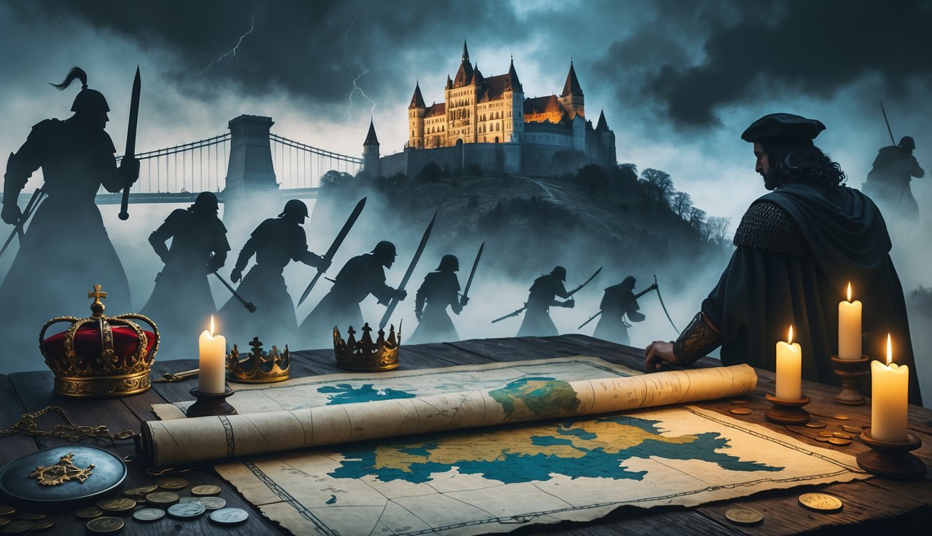 A medieval Hungarian castle on a rocky hill with ghostly warriors in armor emerging from mist, an old map with symbols on a table lit by candlelight, and a shadowy noble figure studying it, with Hungarian landmarks in the background.