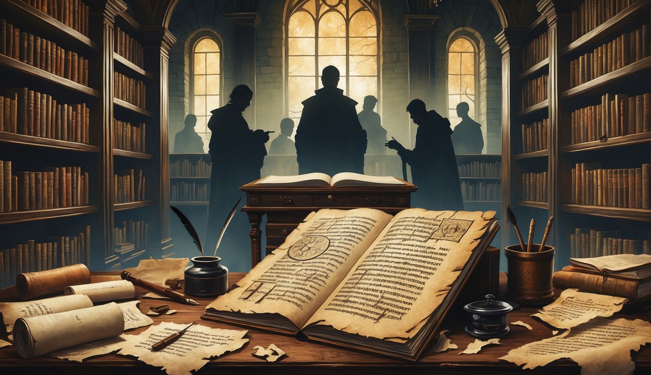 An ancient library with old books, manuscripts, and maps scattered on a desk, surrounded by ghostly figures symbolizing Hungarian literary history and lost works.